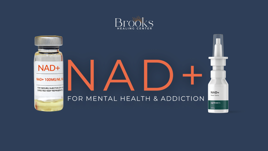 NAD+ therapies for mental health and addiction blog with NAD+ injection vile and NAD+ nasal spray in the image
