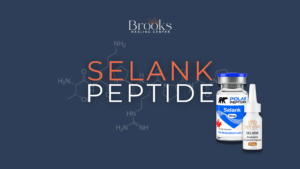 Selank Peptide blog with selank injectable vial and selank nasal spray pictured from polar peptides and new hope wellness advisors. also includes chemical structure of selank in the background