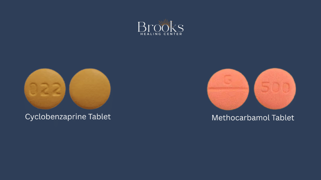 cyclobenzaprine tablet and methocarbamol tablet photo with yellow 022 10 mg cyclobenzaprine tablet and orange methocarbamol 500 mg tablet side by side