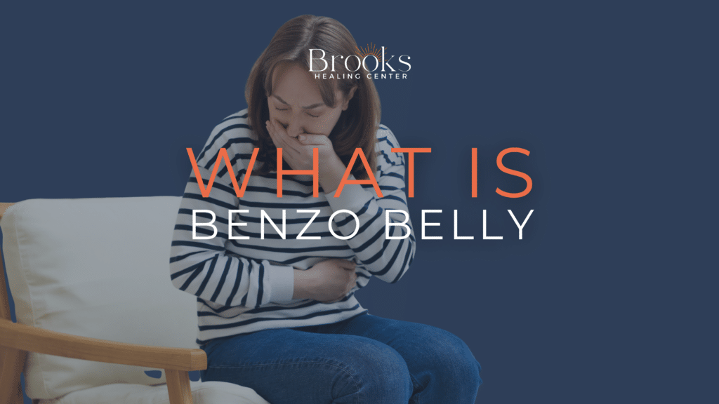 Benzo belly blog with a woman experiencing gastrointestinal symptoms of benzodiazepine withdrawal on the cover image