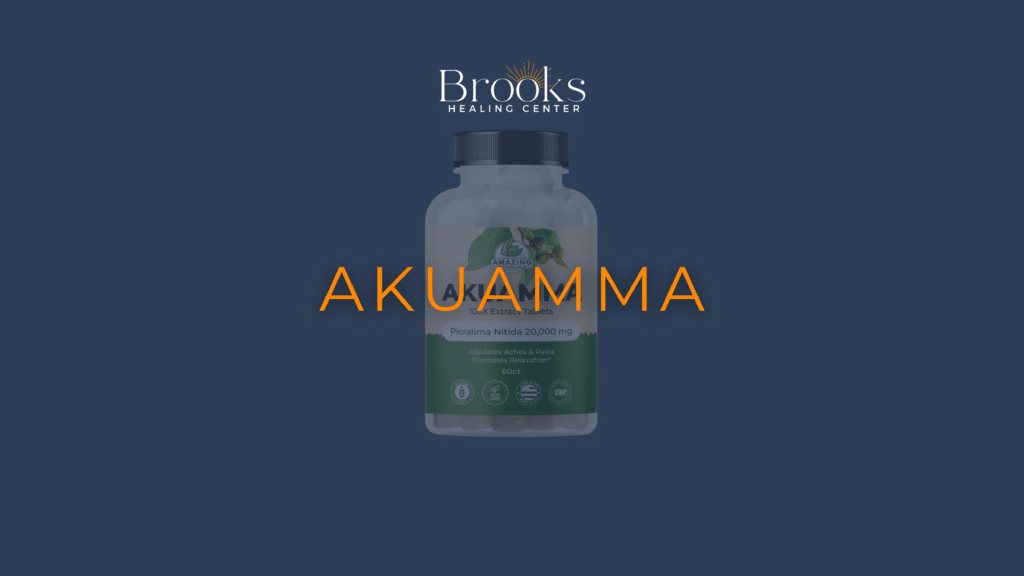 Akuamma supplement bottle with the Brooks Healing Center logo and the word Akuamma on a navy background