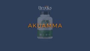 Akuamma supplement bottle with the Brooks Healing Center logo and the word Akuamma on a navy background