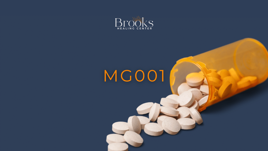 MG001 research graphic with an orange medicine bottle, tablets, and the Brooks Healing Center logo