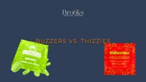 Buzzers Sour Apple tablets and Thizzies Strawberry packaging in a Brooks Healing Center comparison graphic.