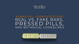 Brooks Healing Center graphic about Xanax pill identification, fake bars, pressed pills, and botanical lookalikes