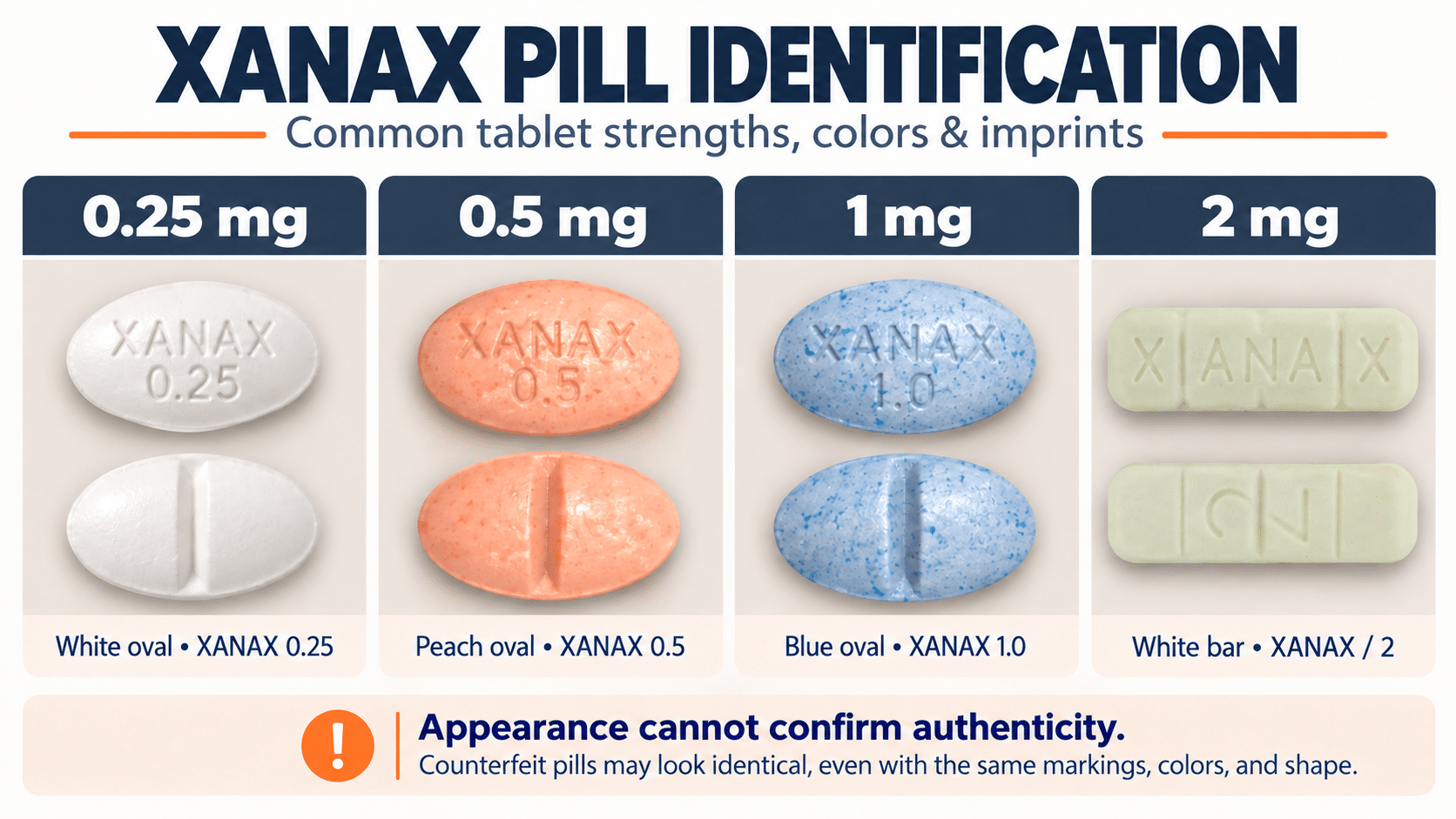 Xanax pill identification graphic comparing 0.25, 0.5, 1 and 2 mg tablets by color and imprint; appearance cannot confirm authenticity.